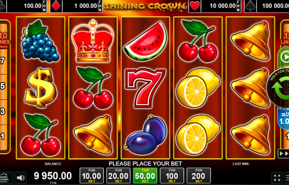 Jocu cu jackpot progresiv Shining Crown pe 4 nivele de plată treflă, romb, inimă roșie, spadă.