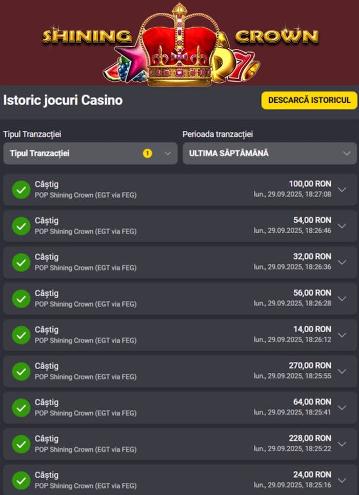 Istoric pariuri Fortuna casino cu plăți la Shining Crown.