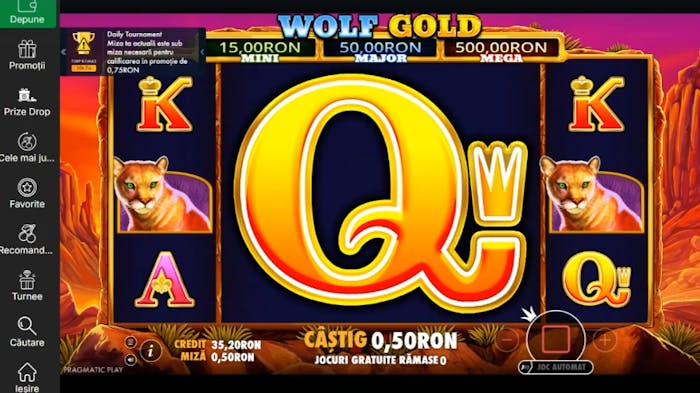Speciala cu 5 rotiri prinsă cu simbolurile scatter (3) pe rolele 1, 3 și 5 în Wolf Gold cu simbol Q.