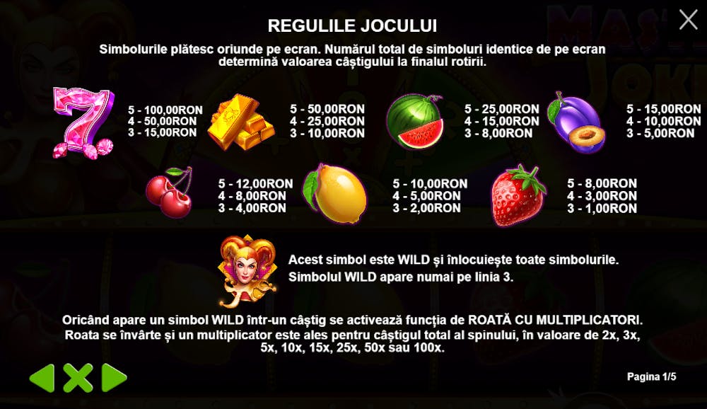 Simboluri și valori la slotul Master Joker.