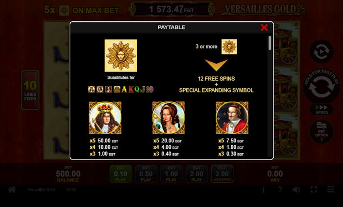 Simboluri la slotul Versailles Gold.