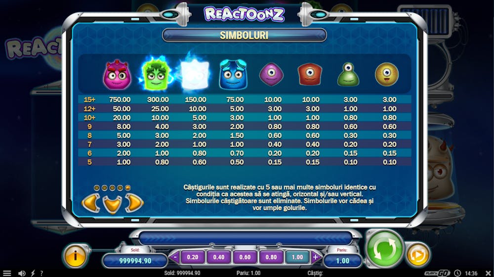 Lista cu simbolurile de la slotul Reactoonz.