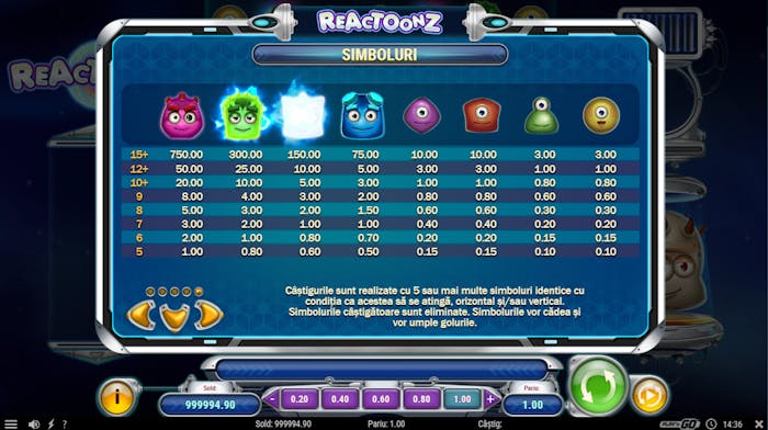 Lista cu simbolurile de la slotul Reactoonz.