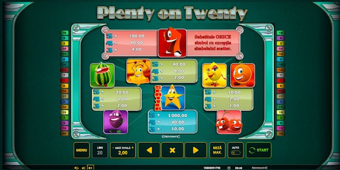 Simboluri și valori la slotul Plenty of Twenty.