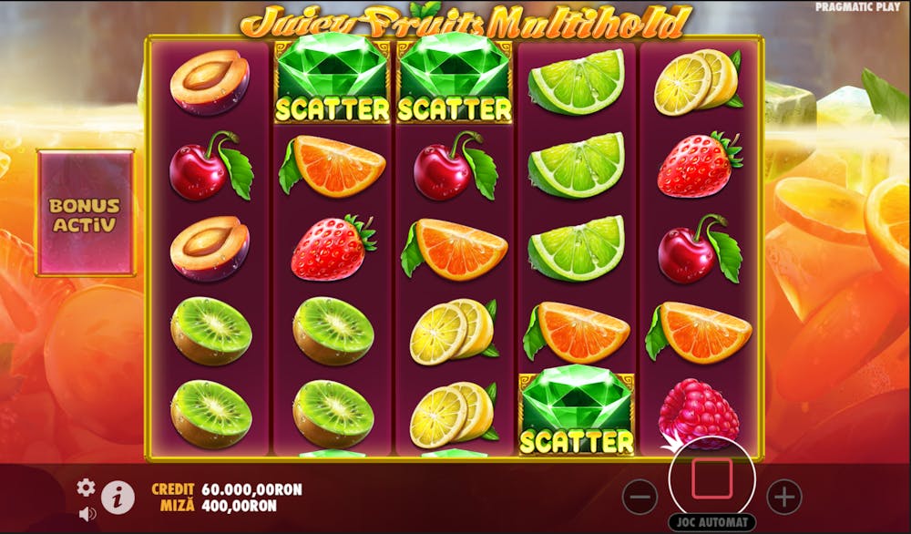 3 simboluri scatter care declanșează 6 învârtiri gratuite în jocul Juicy Fruits Multihold.