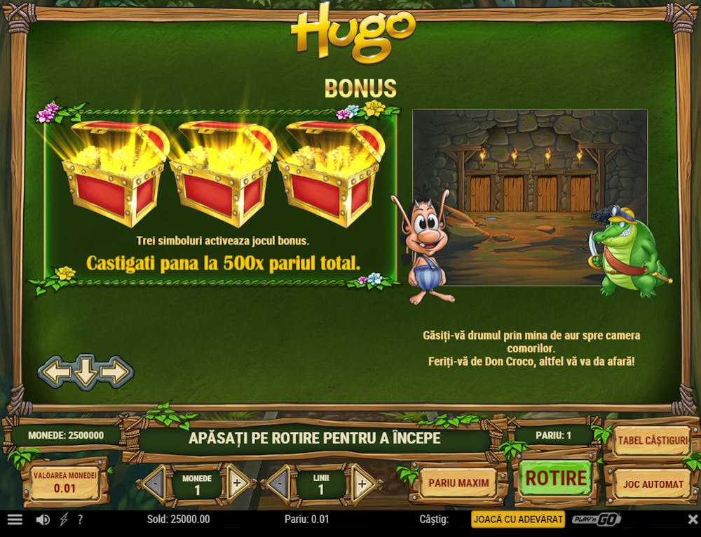 Simbol bonus în speciala din slotul Hugo unde trebuie să alegi unul din cele 3 cufere.