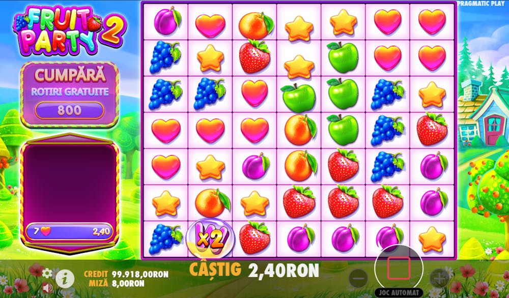 Simbol cu multiplicator Wild care plătețte de până la 256x câștigul în jocul cu speciale ales pentru acest exemplu, Fruit Party.