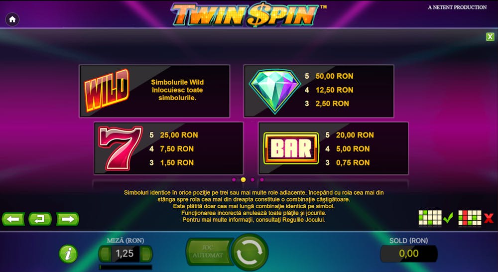 Valoare simboluri la Twin Spin.