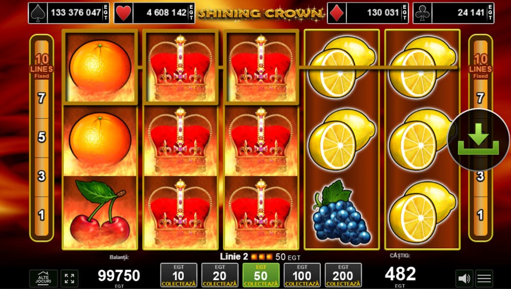 Simbol wild în cel mai popular joc cu fructe și coroane, Shining Crown de la EGT. Rola 2 și 3 este ocupată de simblul coroanei care joacă rol de wild expandabil și înlocuieste alre simboluri pentru a forma câștiguri mari. În apariții câștigătoare, rolele iau foc.