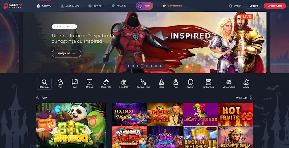 Prima pagină SlotV casino Romania.