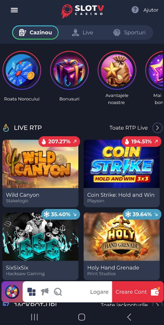 Prezentare site SlotV casino România cu secțiunile principale cazinou, live și sporturi plus jocuri.