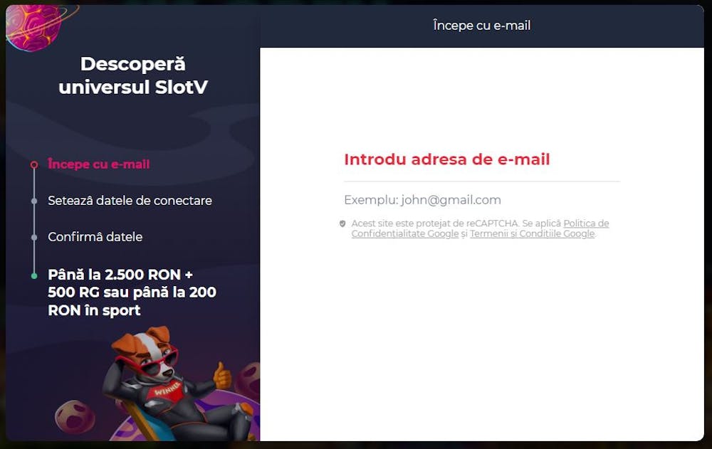 Introdu o adresă de e-mail în procesul de înregistrare SlotV.