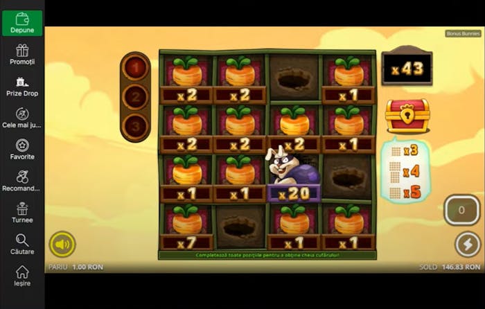 Exemplu de plată la Bonus Bunnies jocuri ca la aparate în speciala cu rotiri gratuite - multiplicator 43x.