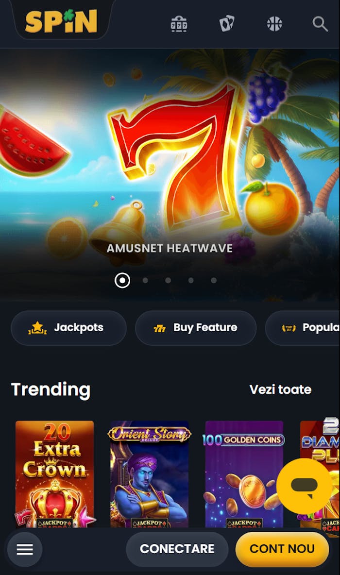 Prima pagina a site-ului Spin casino Romania cu evenimentele lunii și jocuri în trend.