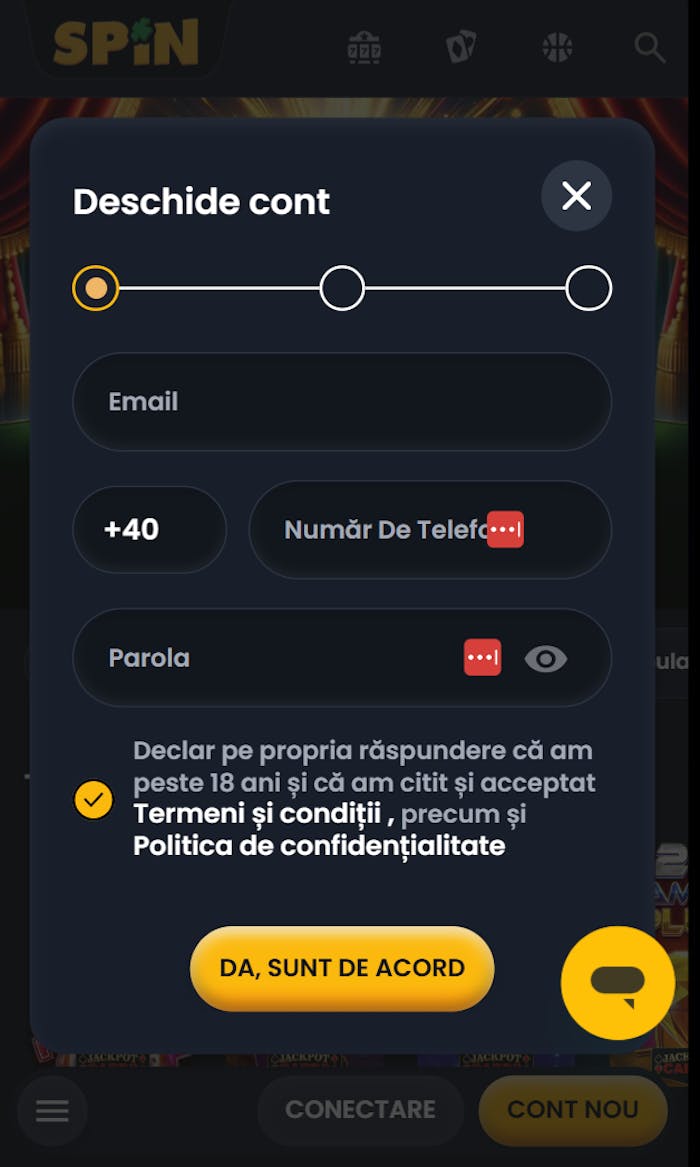 Datele pentru deschiderea contului Spin casino online cu e-mail, mobil și parolă.