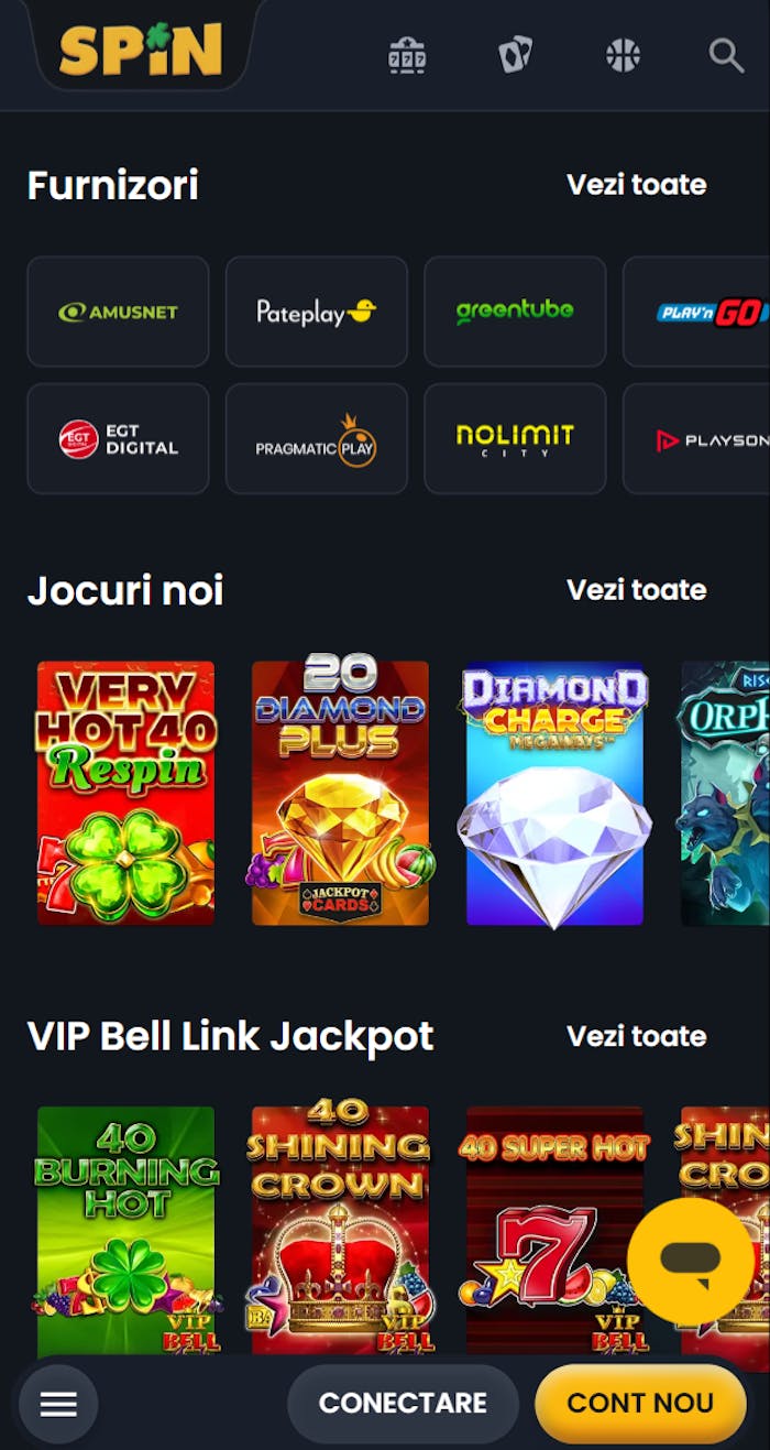 Selecția de jocuri cu pareri Spin casino pozitive și furnizori de top ca Amusnet sau PatePlay.