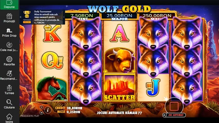 Exemplu de simbol Wild din Wolf Gold slot și lipdă fr dimbol wild pe rola 3 care nu plătește un câștig mare.