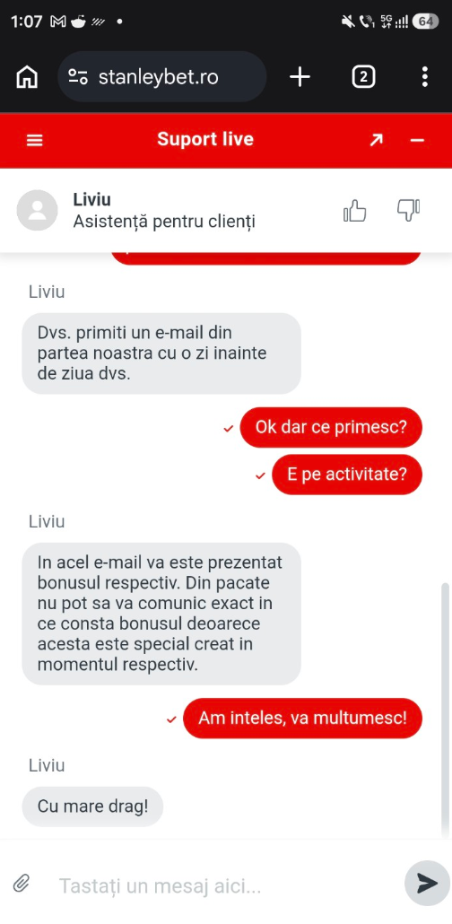 Mesaj despre bonusul aniversar Stanleybet