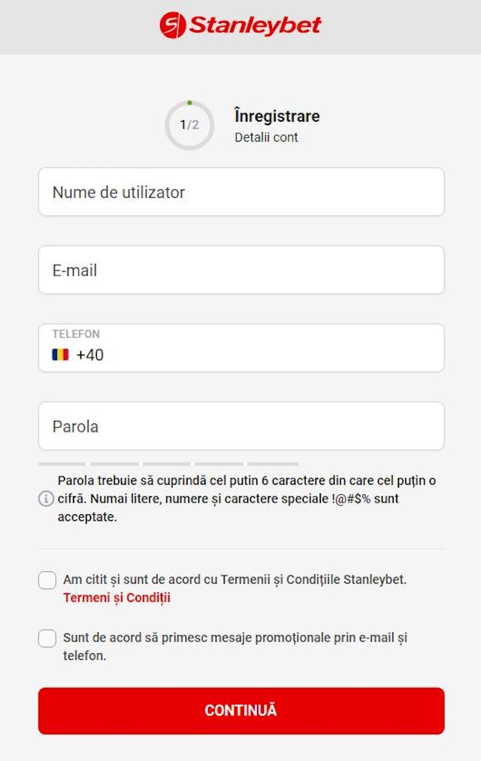 În formularul de înregistrare trebuie să introduci numele de utilizator, e-mailul, numărul de telefon și să setezi o parolă.