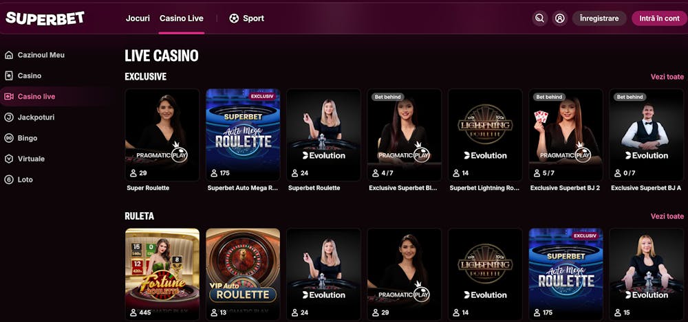 Pagina live casino de la Superbet, unde ai parte de mese exclusive.