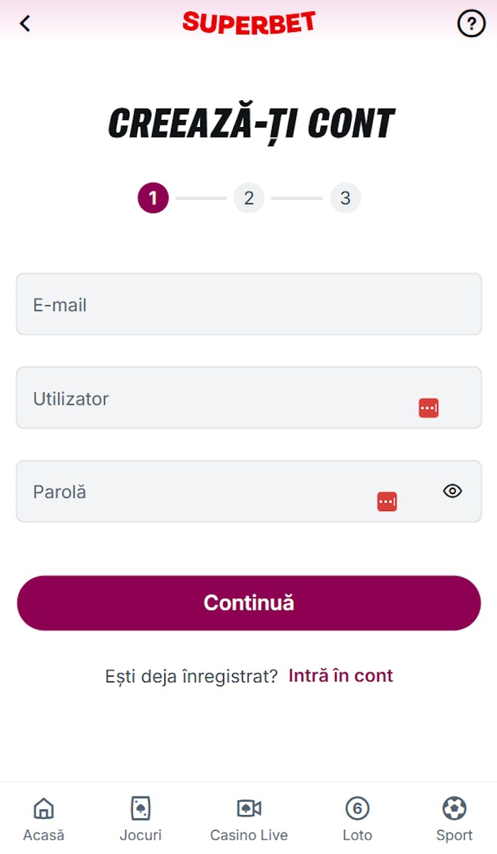 Superbet online deschidere cont cu e-mail, utilizator și parolă.