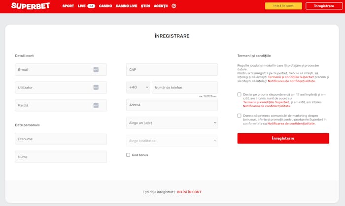 formular de inregistrare superbet intr-o singura pagina