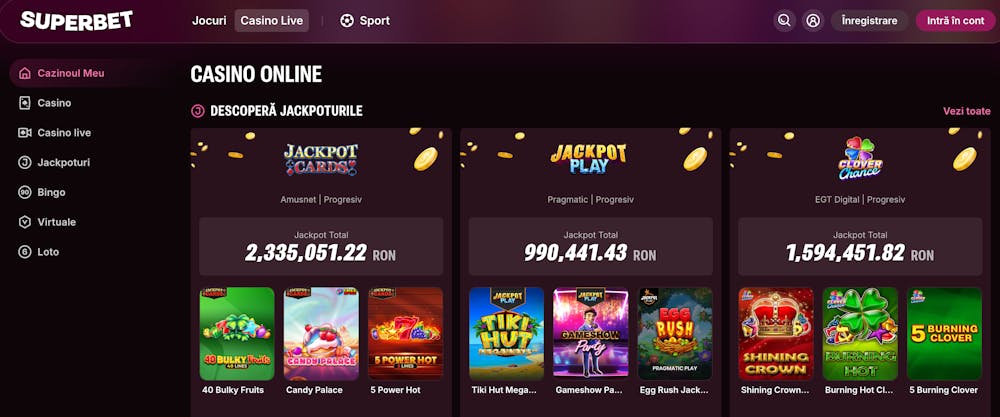 Poți accesa pagina Jackpoturi din meniul din stânga sau de pe pagina principală de jocuri.