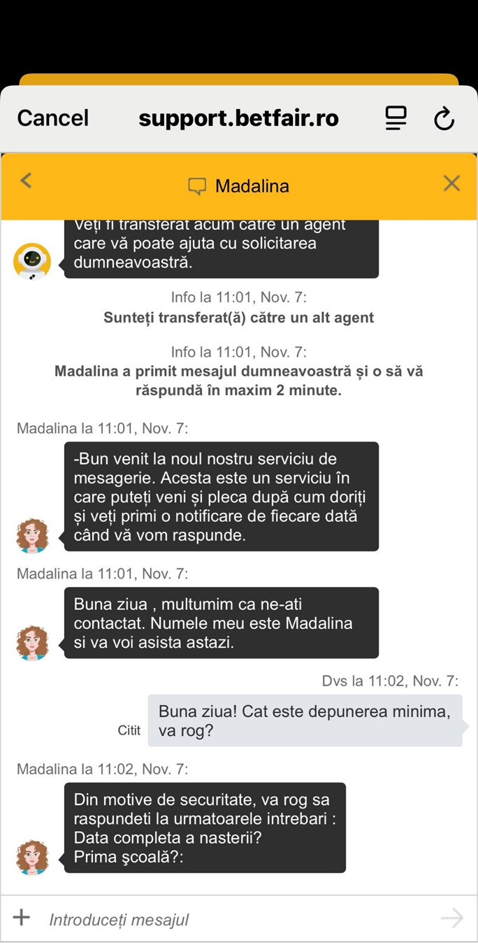 Discuție cu operatorul în live chat de la casino Betfair.
