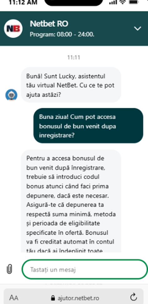 Conversație în Live Chat la casino online NetBet.