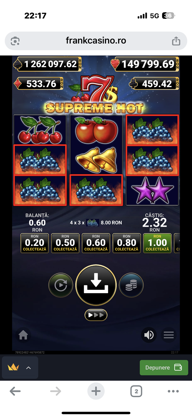 Câștig la păcănele cu jackpot Supreme Hot la Frank Casino.