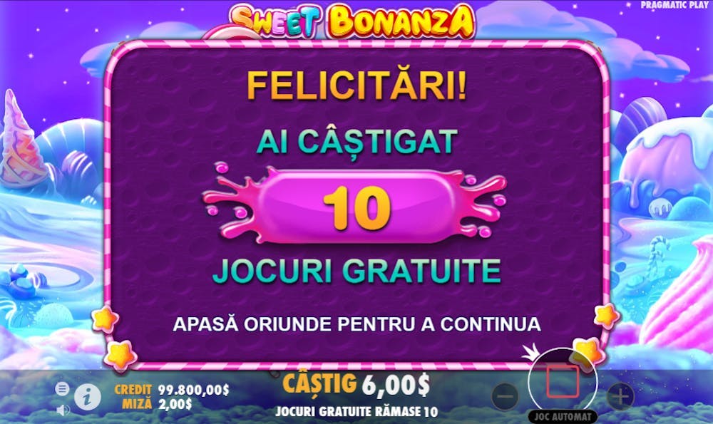 Pagina Sweet Bonanza în timpul unui premiu de 10 jocuri gratuite