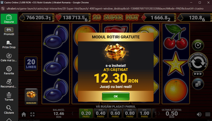 Câștigul meu din bonusul de 12.30 lei la casino