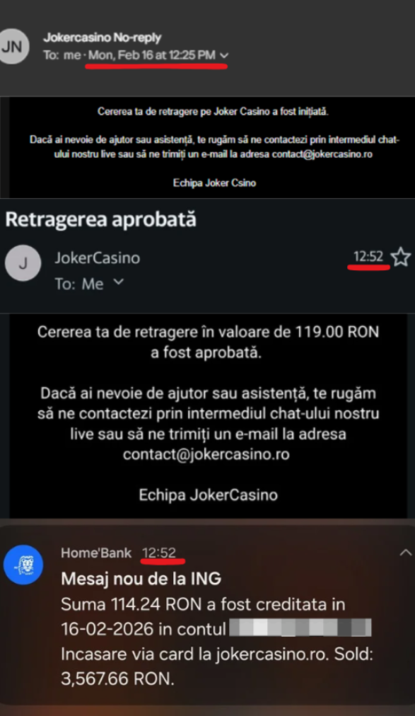 E-mailul de inițiere de la 12:25, e-mailul de aprobare de la 12:52 și notificarea ING de la aceeași oră pentru plata Joker Casino