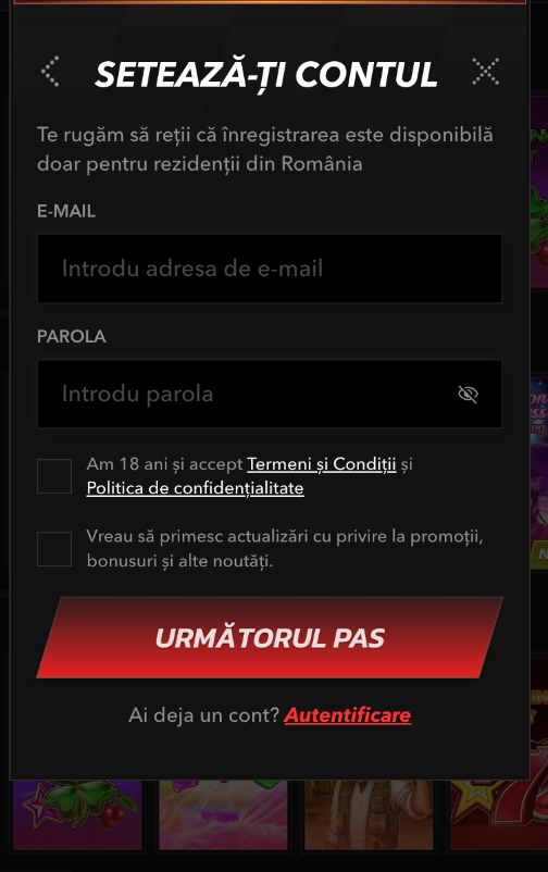 Formularul de înregistrare cont la TopBet casino.