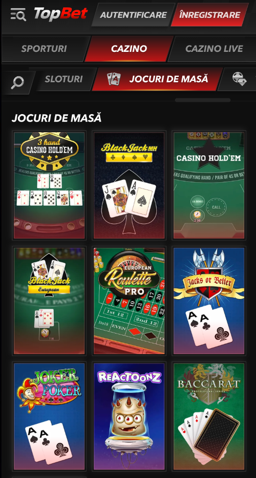 Câteva dintre jocurile de masă regăsite pe Topbet casino.