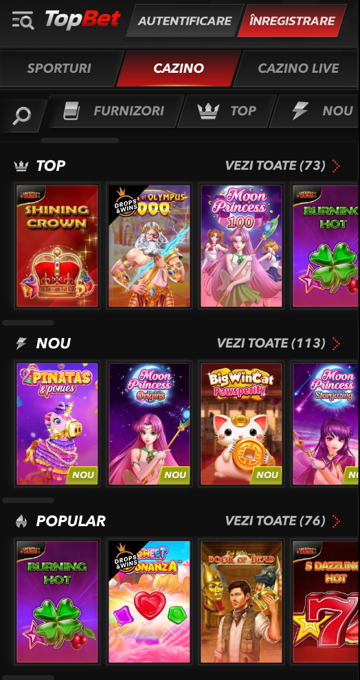 Pagina principală de casino de la Topbet conține cu precădere sloturi online.