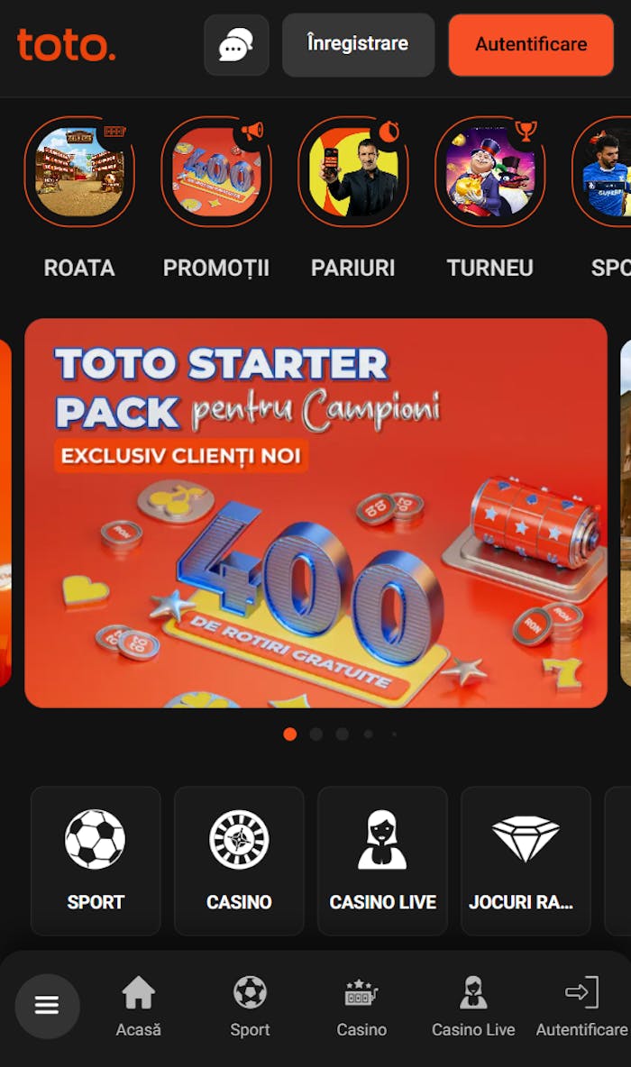 Ai un starter pack de 400 rotiri gratuite de la Totogaming după validare.