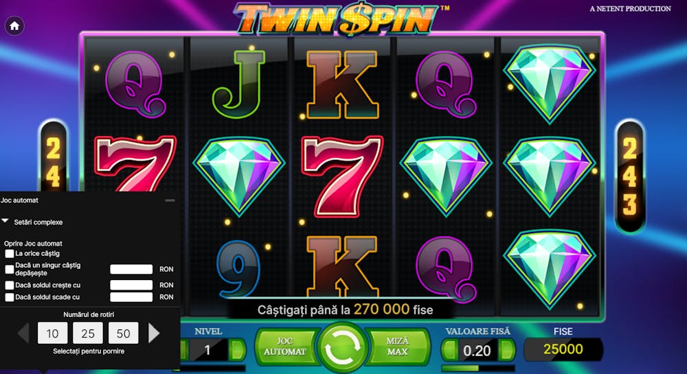 Setări disponibile la slotul Twin Spin.