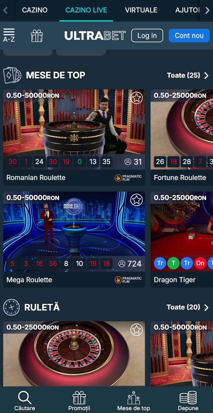 Jocuri de cazinou live disponibile la Ultrabet.