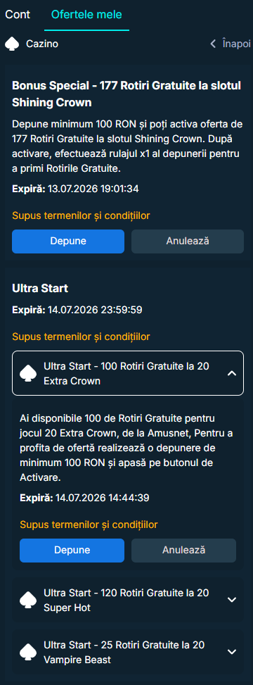 Exemplu Ultrabet bonus fara depunere și oferte disponibile din contul meu.