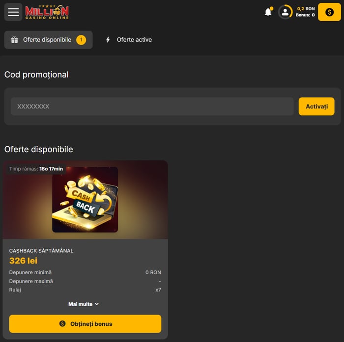 Unde vei scrie ce cod promotional Million casino folosesti