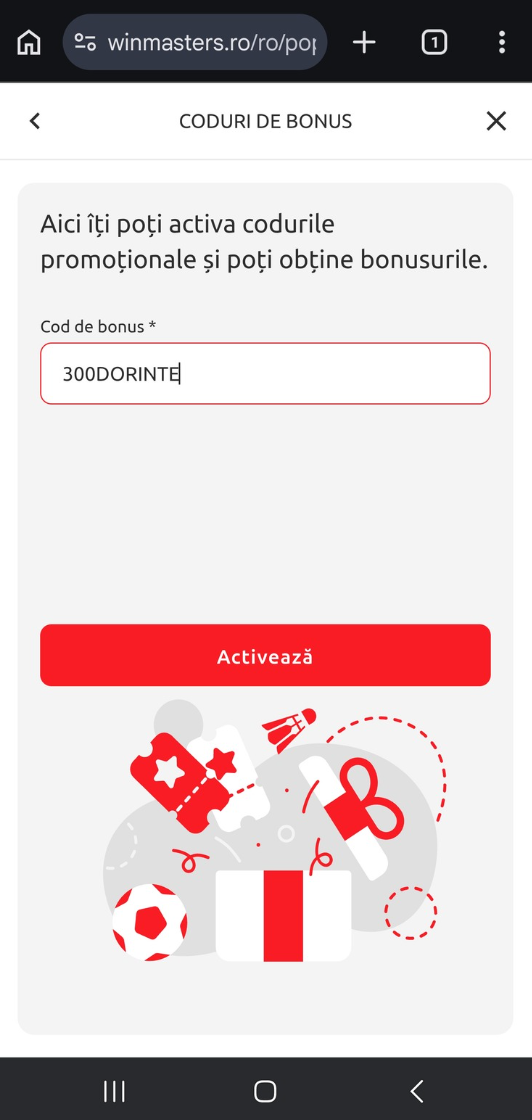 Unde introduci pe mobil sau desktop un cod bonus Winmasters