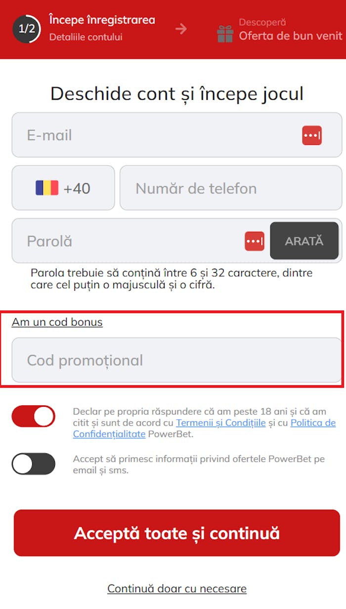 Unde introduci coduri bonus casino în formularul de înregistrare pentru activarea ofertelor.