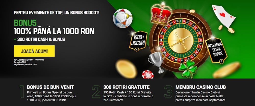 Bonus de bun venit Unibet de 1000 RON si 300 rotiri gratuite 