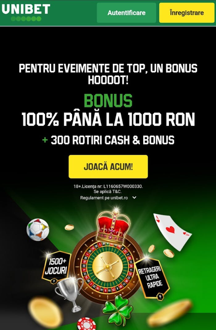 Prima recompensă de pe Unibet casino online cu bani și rotiri fără rulaj.