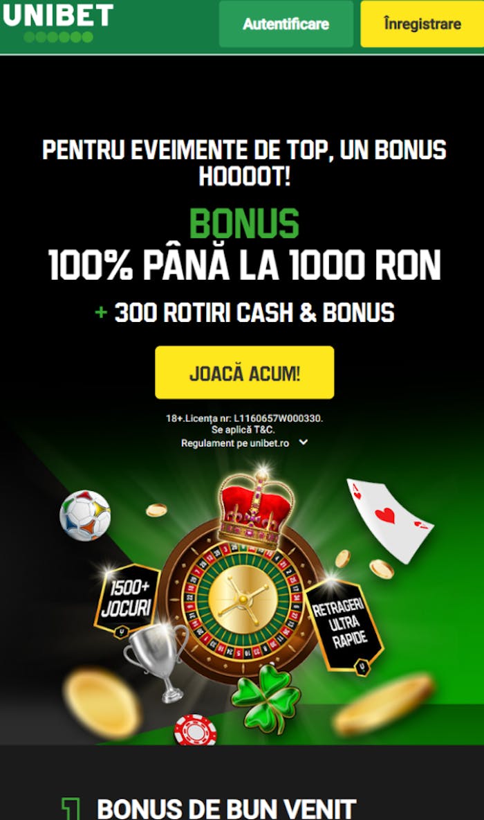 Prima ofertă pe care poți să o iei fără cod bonus Unibet în acest moment la prima depunere.