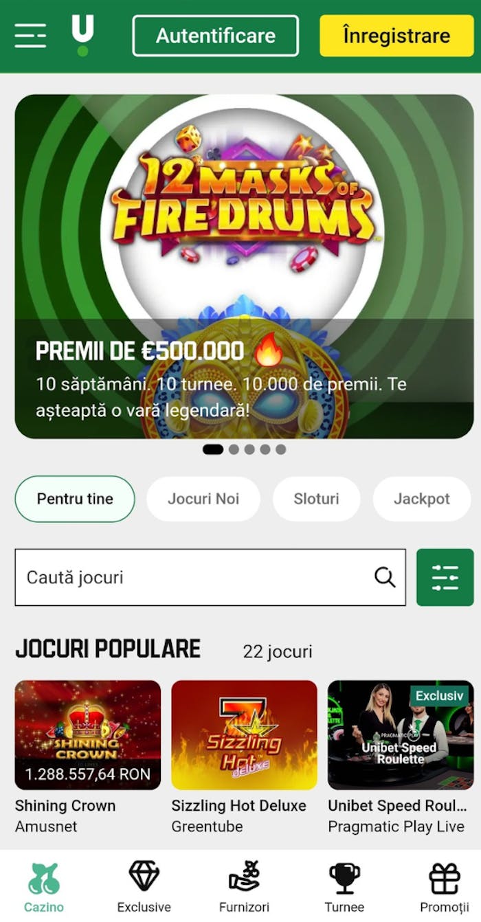 Evaluarea paginii Unibet România în care se vede interfața, navigarea și cel mai mare turneu cu premii.