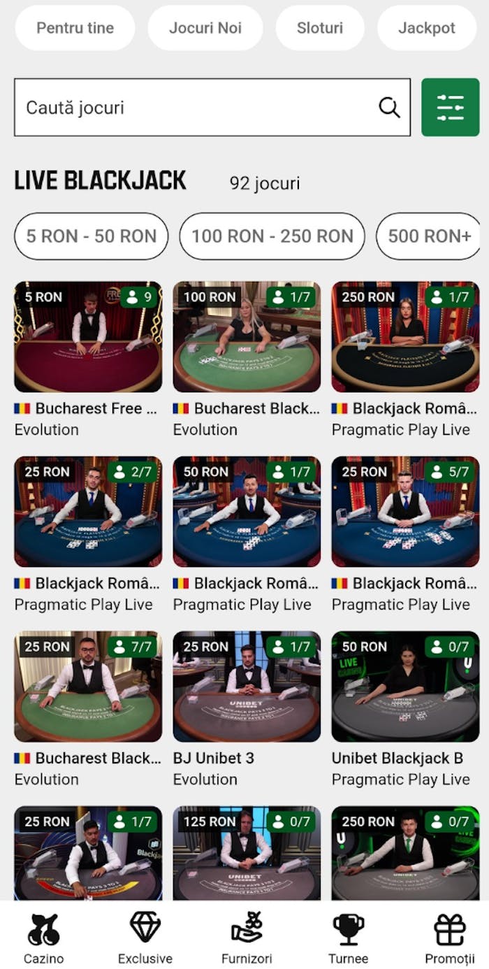 Blackjack live cu filtre de alegere pe mize de la 5 la 500 RON pe Unibet RO.