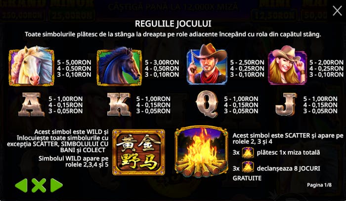 Valoare simboluri la slotul Mustang Gold.