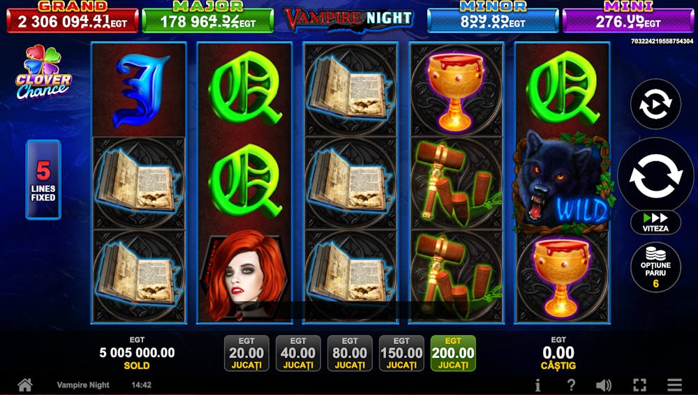 Designul slotului Vampire Night Clover Chance. 